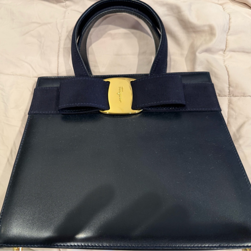 Salvatore Ferragamo Navy Shoulder Bag with Gold Accent